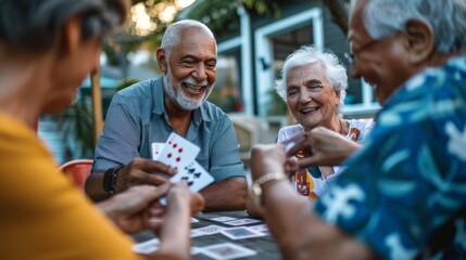 Obraz premium Senior man teaching his friends to play a new card game during a gathering