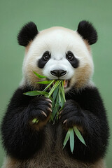 Fototapeta premium A baby panda is eating bamboo