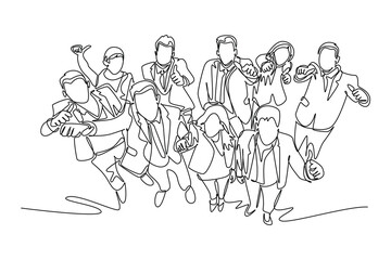 Continuous one line drawing young happy male and female managers raise their hand into the air and giving thumbs up gesture. Business celebration. Single line draw design vector graphic illustration
