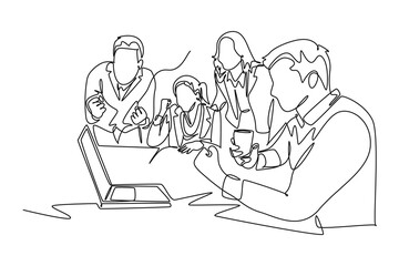 Continuous one line drawing happy businessman and woman sitting in front of laptop and celebrating their financial target success. Team work goal. Single line draw design vector graphic illustration