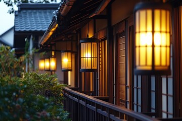 Traditional Japanese lanterns illuminate the exterior of a serene, wooden building during dusk, creating a warm and inviting atmosphere.