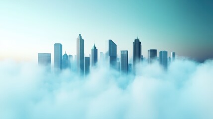 Fototapeta premium A panoramic view of a city skyline enveloped in mist, with the distant buildings appearing hazy and indistinct, adding a sense of depth and mystery.