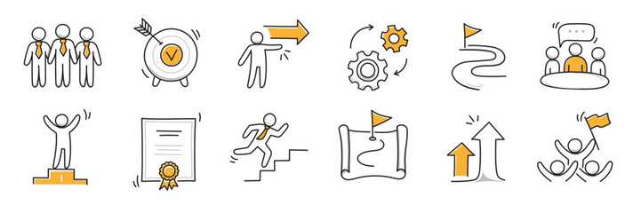 Doodle career icon set. Success winner, business goal, challenge hand drawn sketch line pen stroke style icon. Professional business career, goal sketch doodle drawn collection. Vector illustration
