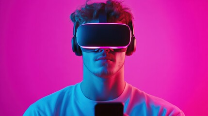 A man using his phone to access virtual reality content and enjoy immersive entertainment.