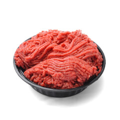 Top View of Fresh Raw Minced Beef in Black Bowl Isolated on White Background