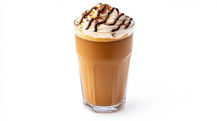 Delicious coffee drink topped with whipped cream and chocolate drizzle, isolated on white.