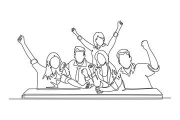 Single continuous line drawing young happy businessman and woman celebrating their success achievement business target. Team work sales product goal. One line draw graphic design vector illustration