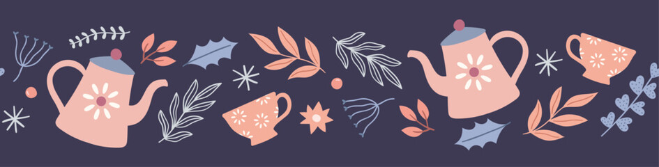 Winter border with a teapot, cup and leaves. Scandinavian style