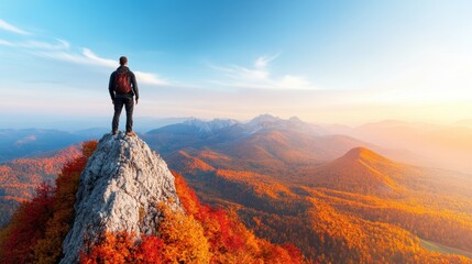 A hiker standing on a mountain peak overlooking a valley covered in vibrant fall foliage, with a clear blue sky and a sense of accomplishment.