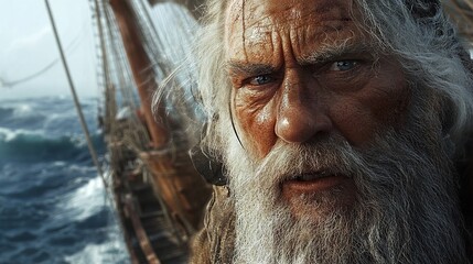 Close-up Portrait of a Weathered Sea Captain on a Stormy Sea