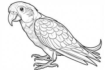Obraz premium A detailed black and white illustration of a parrot, showcasing its distinctive features and intricate feather patterns.