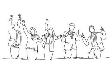 Single one line drawing of young happy male and female managers celebrating their job promotion together. Business teamwork celebration concept. Continuous line draw design graphic vector illustration