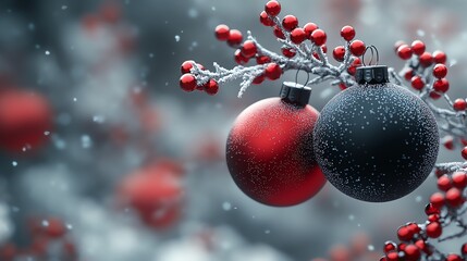 Fototapeta premium Red and black Christmas ornaments hanging on a snowy branch with red berries.