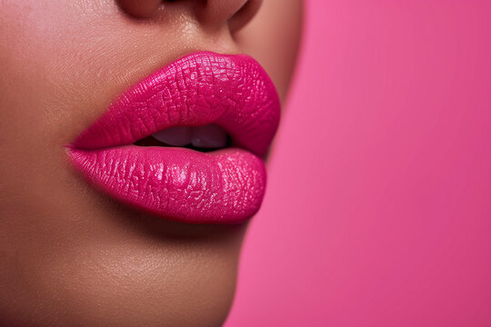 close up lips of woman with pink lipstick. trendy bright make up. cosmetics for woman. fashion photography. AI Generated - Powered by Adobe