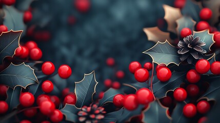 Red and black holly berries and leaves, arranged on a Christmas table, 3D illustration