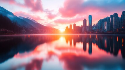 Fototapeta premium The vibrant colors of a sunrise illuminate a historic city skyline, showcasing the beauty of both nature and architecture.