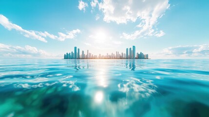 Fototapeta premium A panoramic image capturing the entire coastline of a city, with the skyline stretching along the horizon and reflecting in the ocean.