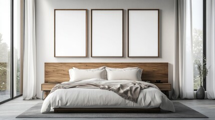 Modern Bedroom Interior with Wooden Headboard and Three Empty Frames