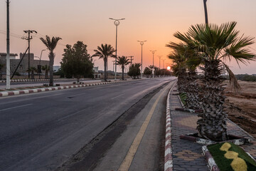 Fototapeta premium Sunset over a road on Farasan island, Saudi Arabia