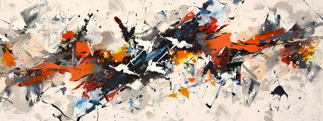 Vibrant abstract painting featuring dynamic splashes of orange, black, and white, creating an energetic and modern feel.