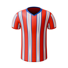 3D football jersey. Sport t-shirt with V neck with red white blue stripe design to represent madrid football. Concept for soccer team uniform or football apparel mock up.