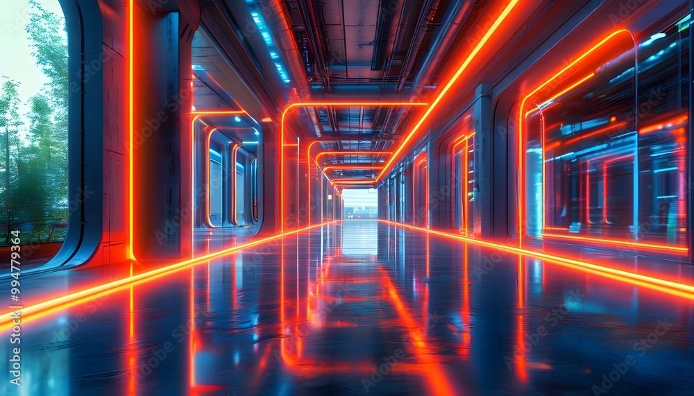 Wall mural neon-futuristic industrial hallway reflecting advanced technology and modern infrastructure