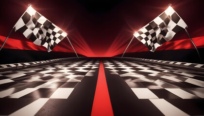racing track with checkered flags on a red and black background