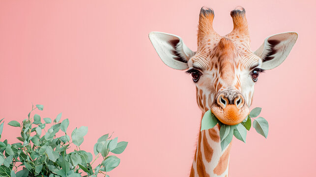 A giraffe is eating leaves from a plant