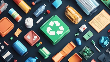 Fototapeta premium Recycle Symbol Surrounded by Various Plastic and Metal Containers on a Dark Background