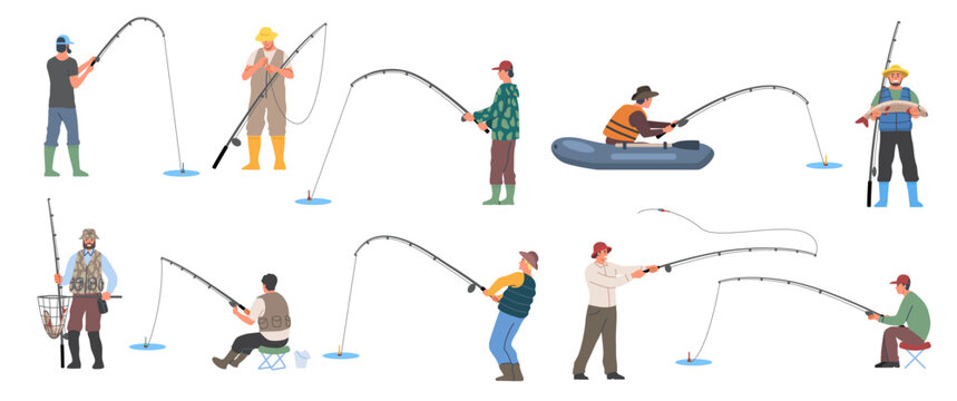 Set of Fisherman. Happy people with fishing rods and bait catching fish on boat or standing on lake shore. Hobbies and Outdoor Activities. Flat vector illustration collection isolated on background