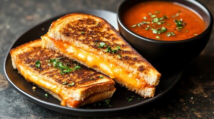 Grilled cheese sandwiches with crispy edges, served with tomato soup, grilled cheese, comfort appetizer