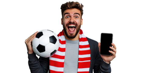 Excited Soccer Fan Holding Football and Smartphone on Isolated Transparent Background PNG