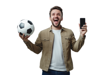 Excited Man Holding Soccer Ball and Smartphone on Isolated Transparent Background PNG