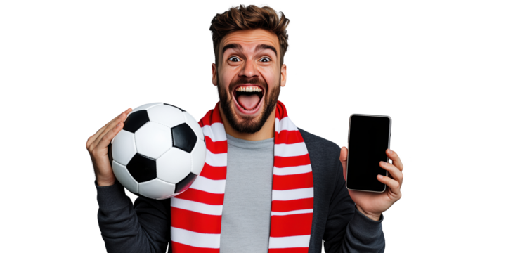 Excited Soccer Fan Holding Football and Smartphone on Isolated Transparent Background PNG