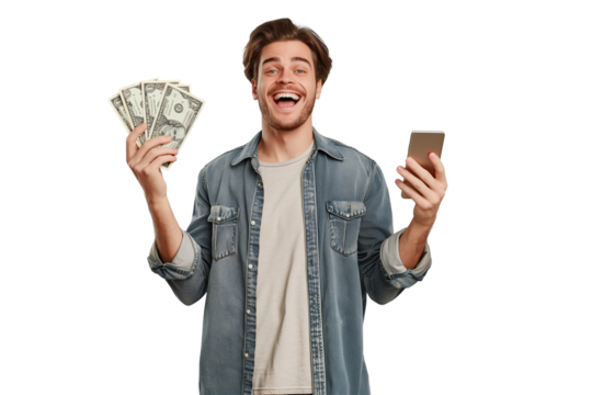 Happy Man Holding Cash and Smartphone Isolated on Transparent Background PNG for Financial and Technology Concepts