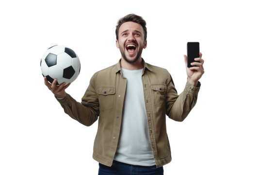 Excited Man Holding Soccer Ball and Smartphone on Isolated Transparent Background PNG