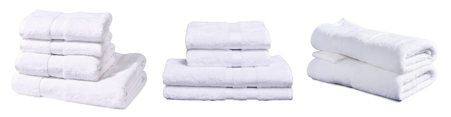 Group of stacked white bath towels, set of folded towels for spa, resort or home bathroom, cut out and isolated on white or transparent background. Studio product shot for design and print