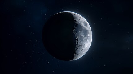 Obraz premium A crescent moon shines brightly against a dark night sky, illuminated by the distant sun.