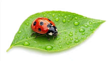 Fototapeta premium Ladybug on green leaf with water droplets, white isolated background