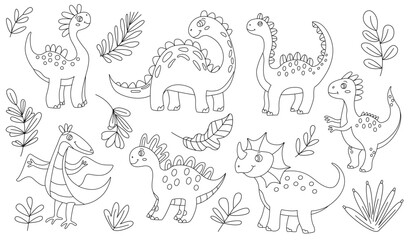 Doodle set with cute baby dinosaurs and plants. Vector hand drawn illustration, isolated black outline. Great for coloring © Anna Druzhkova