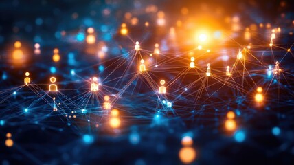 Glowing blue and orange network of human icons connected by lines