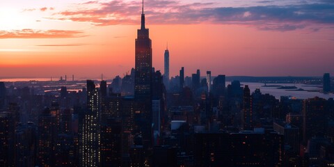 Obraz premium A stunning view of the city skyline as the sun sets, casting a warm glow over the towering buildings.