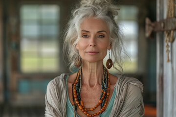 Fototapeta premium portrait of a middle age woman in the city. Senior woman makes joga and relaxes. AI Generated
