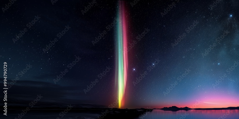 Wall mural a vibrant, multicolored streak of light cuts through the night sky, illuminating the stars above a s