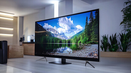 Fototapeta premium a sleek large flat-screen TV showcasing vibrant colors and clarity, positioned stylishly in a modern living room