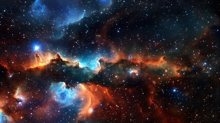 A stunning view of a nebula with bright stars, with hints of blue, red, and orange.