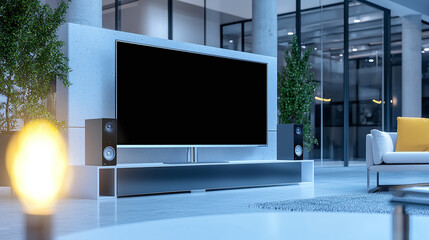 a cozy living space featuring a large flat-screen TV on a minimalist stand