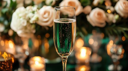 A single glass of champagne with sparkling bubbles, set against a backdrop of roses and candlelight.