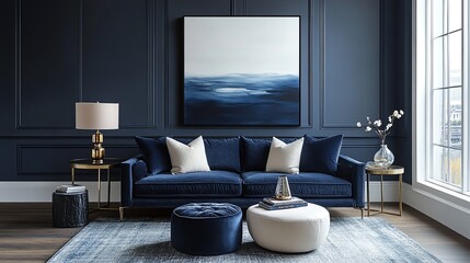 Fototapeta premium Modern living room with blue velvet sofa, abstract painting, and stylish decor.