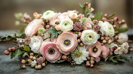Delicate pink and white ranunculus bouquet with greenery